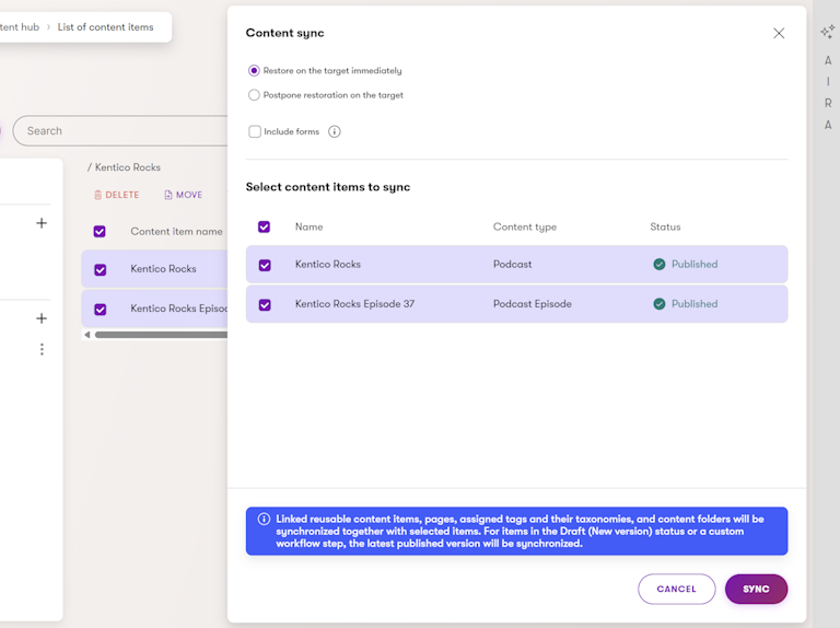 Xperience by Kentico Content Sync Content Hub Sync Panel