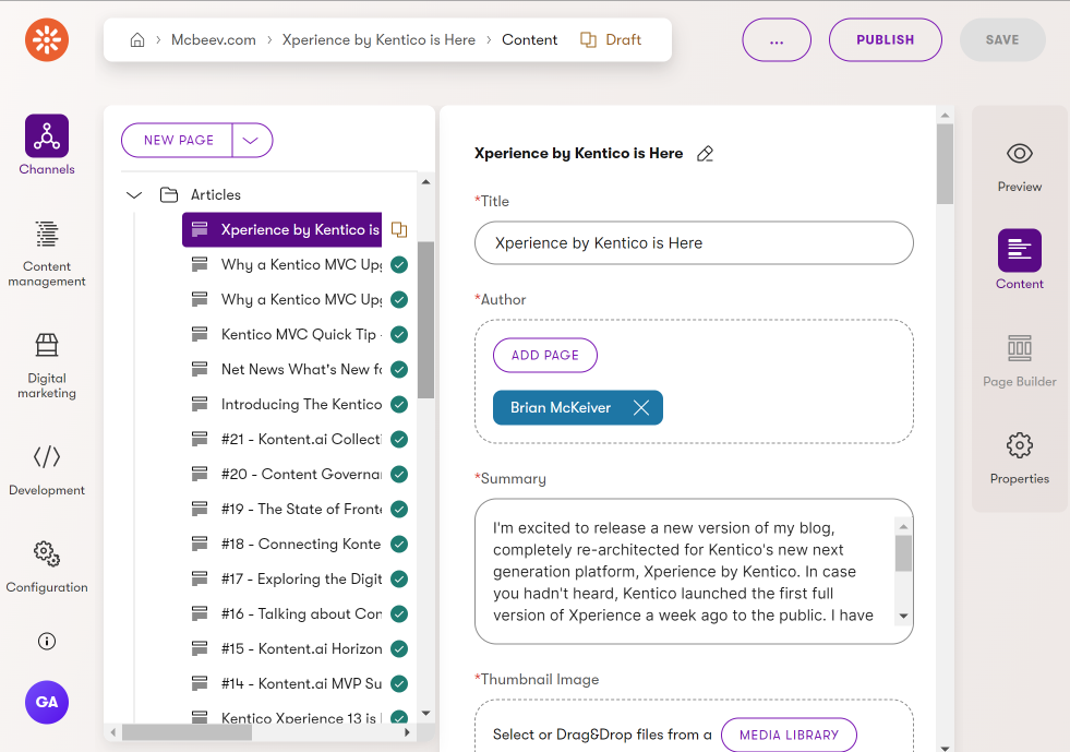 Xperience by Kentico Mcbeev.com Channel edit ui